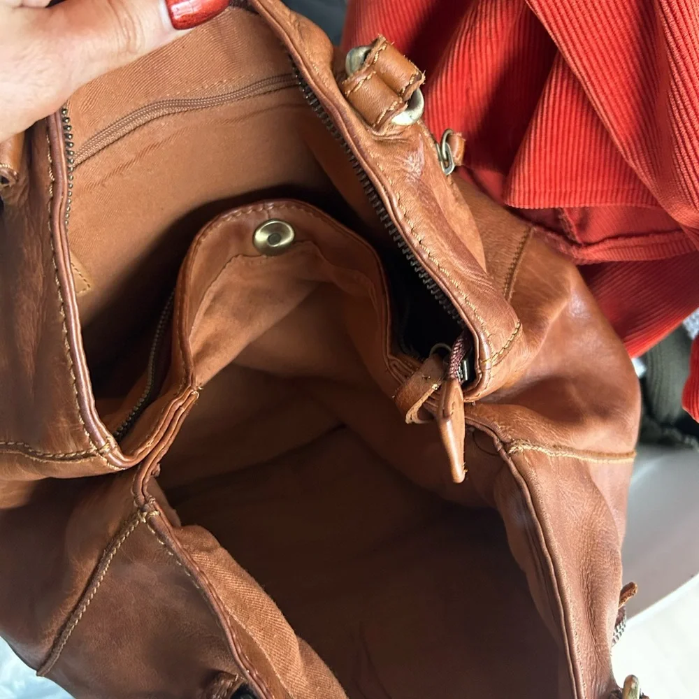 Genuine Leather Cognac Brown Shoulder Tote Bag 2 Front Zipper